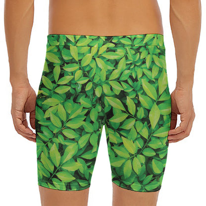 Green Leaf Print Men's Long Boxer Briefs