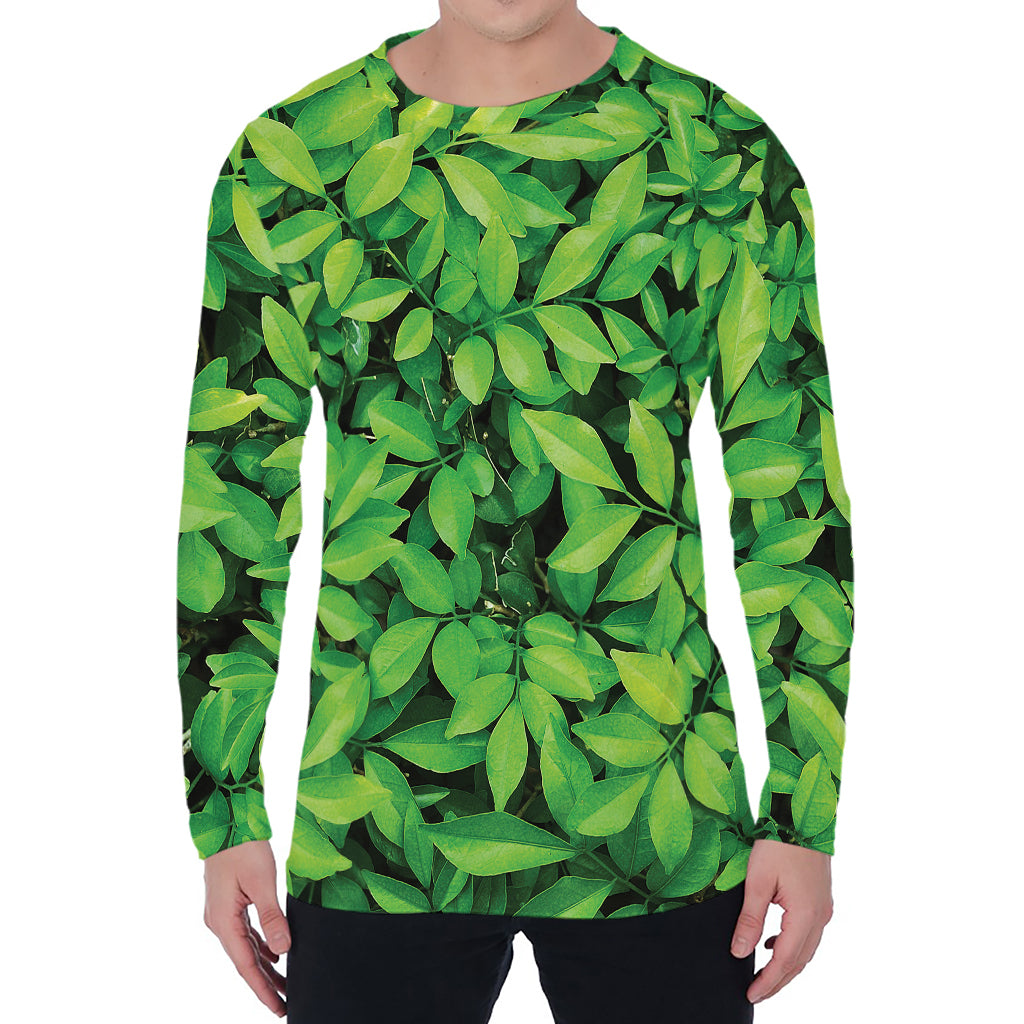 Green Leaf Print Men's Long Sleeve T-Shirt