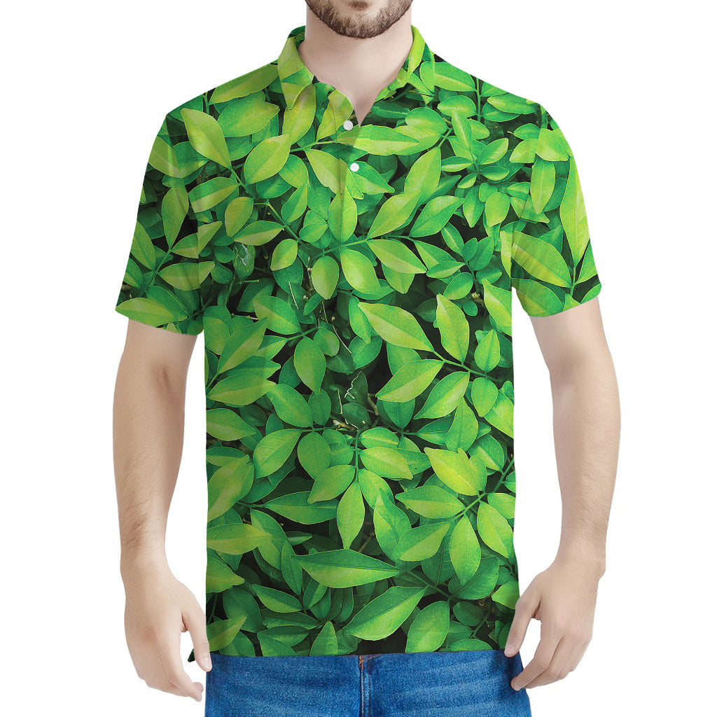 Green Leaf Print Men's Polo Shirt
