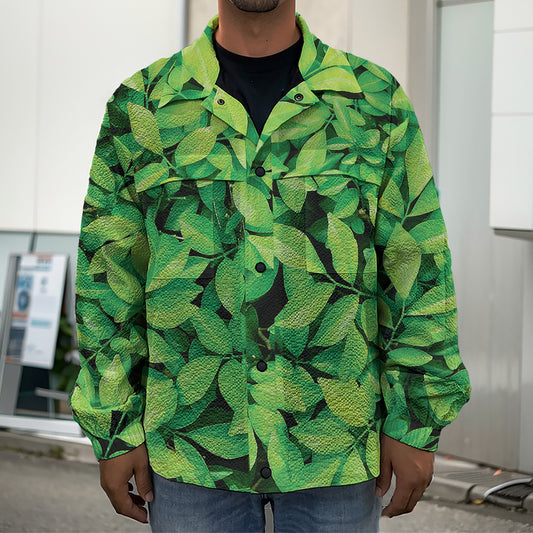 Green Leaf Print Men's Shirt Jacket