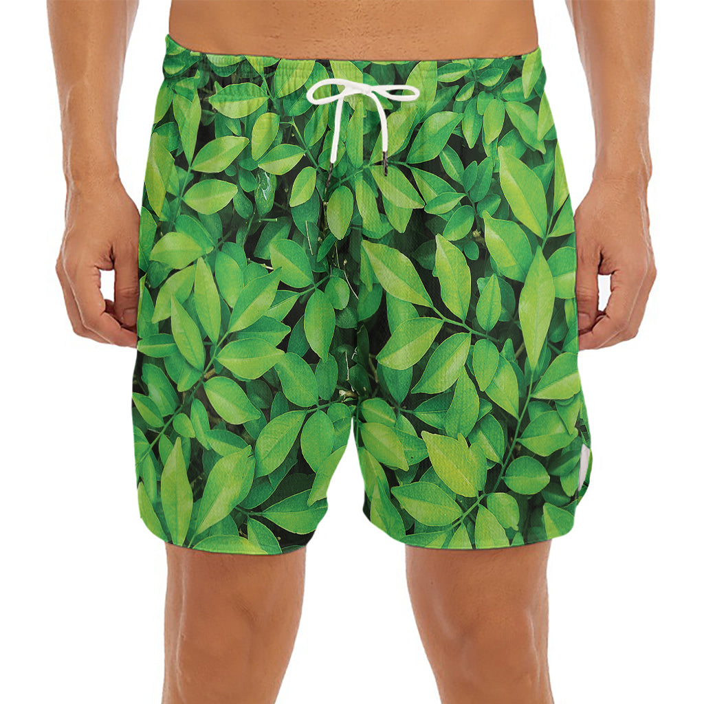 Green Leaf Print Men's Split Running Shorts