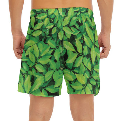 Green Leaf Print Men's Split Running Shorts