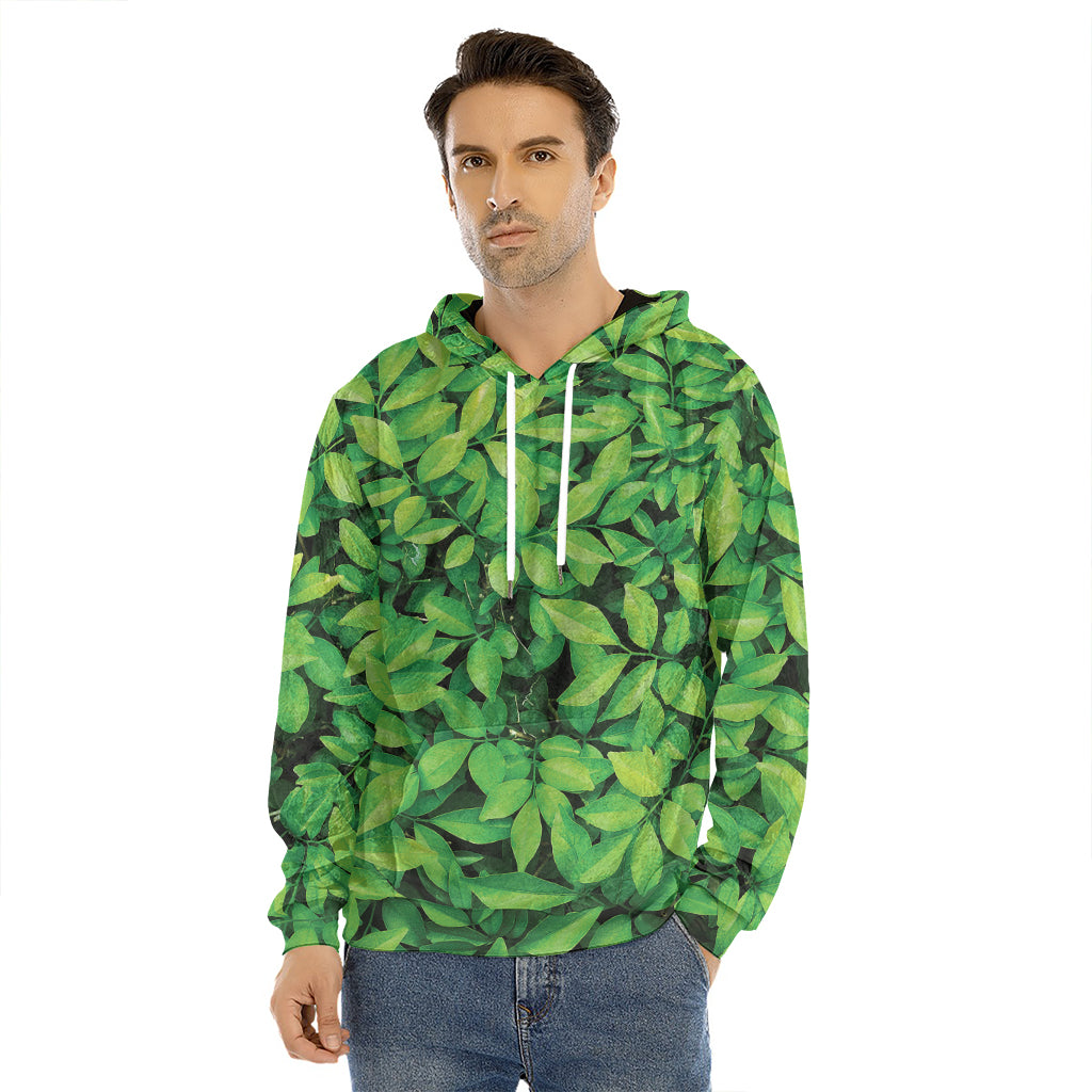 Green Leaf Print Men's Velvet Pullover Hoodie