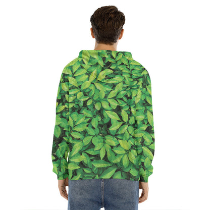 Green Leaf Print Men's Velvet Pullover Hoodie