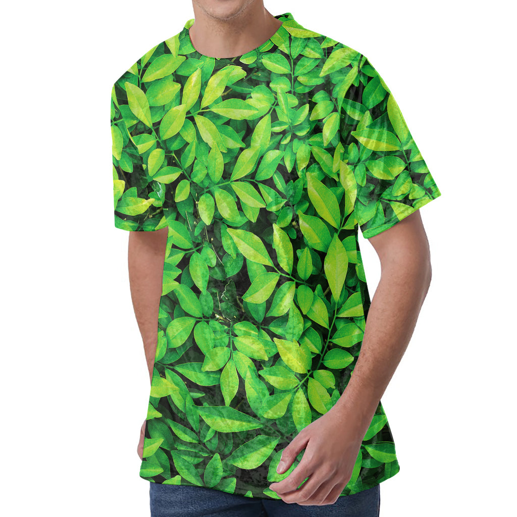 Green Leaf Print Men's Velvet T-Shirt