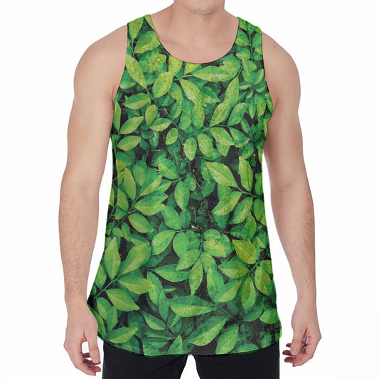 Green Leaf Print Men's Velvet Tank Top