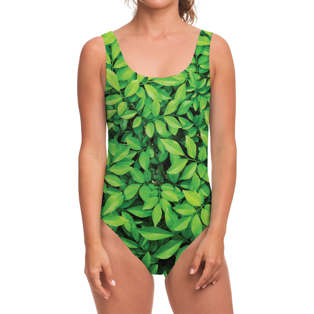 Green Leaf Print One Piece Swimsuit