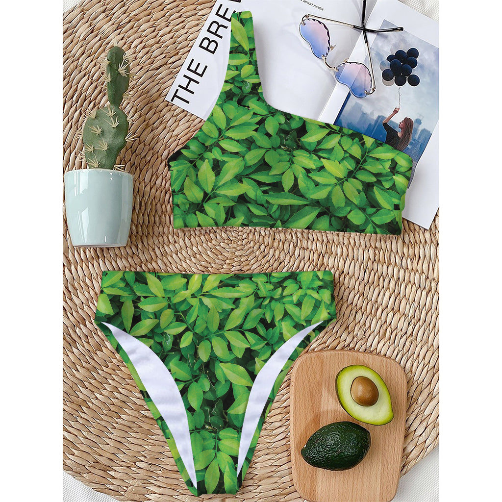 Green Leaf Print One Shoulder Bikini Top