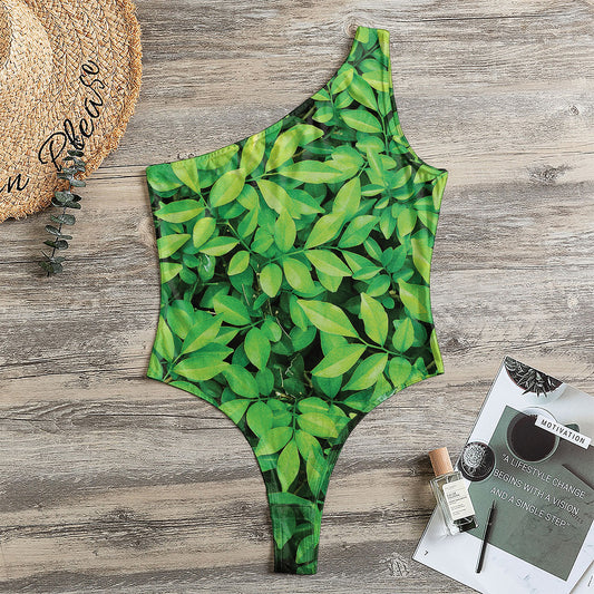 Green Leaf Print One Shoulder Bodysuit