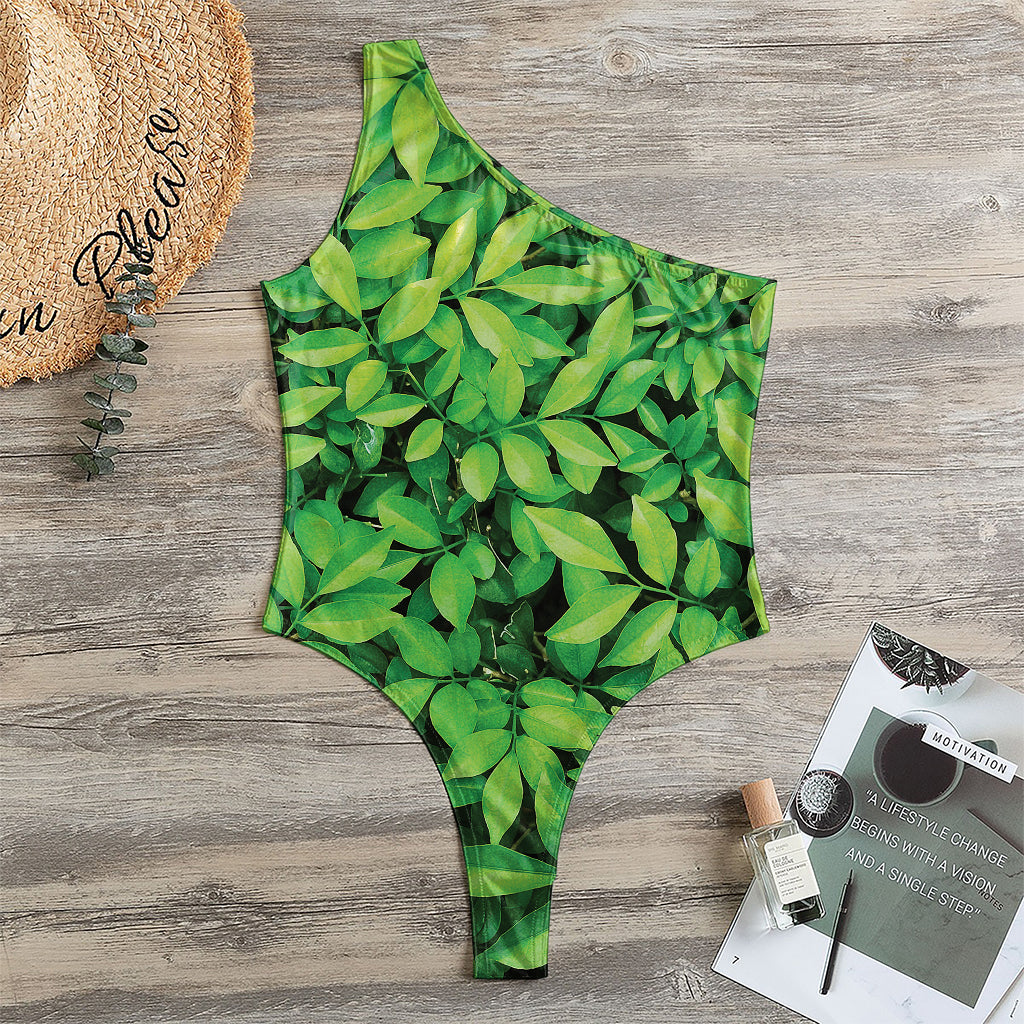 Green Leaf Print One Shoulder Bodysuit