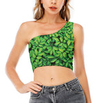 Green Leaf Print One Shoulder Crop Top