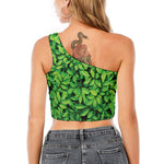 Green Leaf Print One Shoulder Crop Top