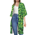 Green Leaf Print Open Front Beach Cover Up