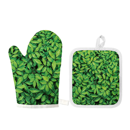 Green Leaf Print Oven Mitt And Pot Holder Set