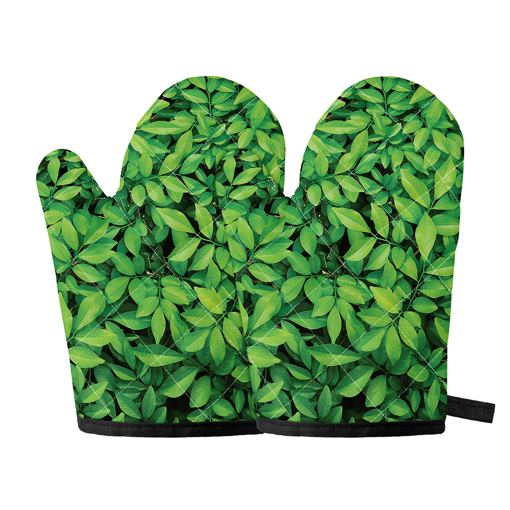 Green Leaf Print Oven Mitts