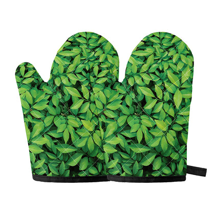 Green Leaf Print Oven Mitts