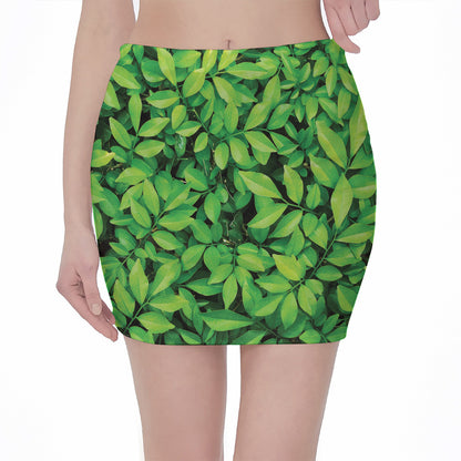 Green Leaf Print Pencil Mini Skirt
