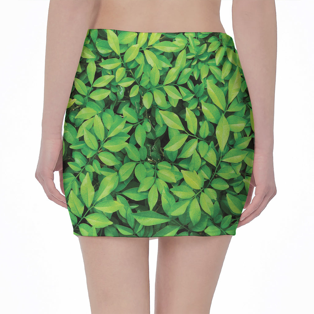 Green Leaf Print Pencil Mini Skirt