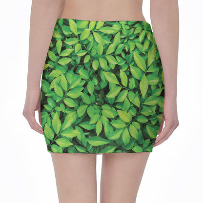 Green Leaf Print Pencil Mini Skirt