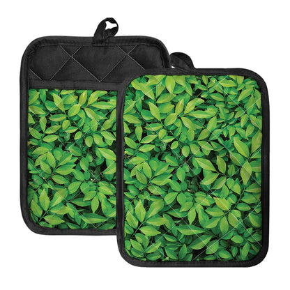 Green Leaf Print Pot Holders With Pocket