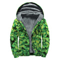 Green Leaf Print Sherpa Lined Zip Up Hoodie