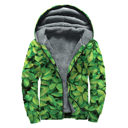 Green Leaf Print Sherpa Lined Zip Up Hoodie