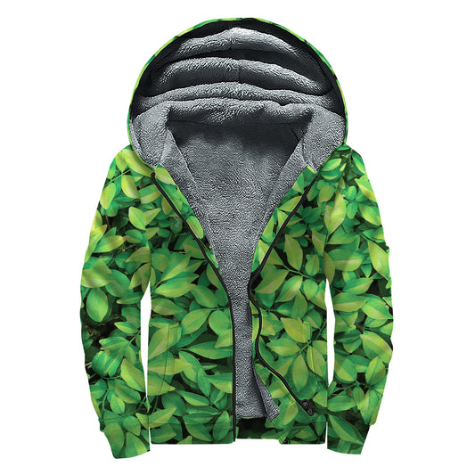 Green Leaf Print Sherpa Lined Zip Up Hoodie