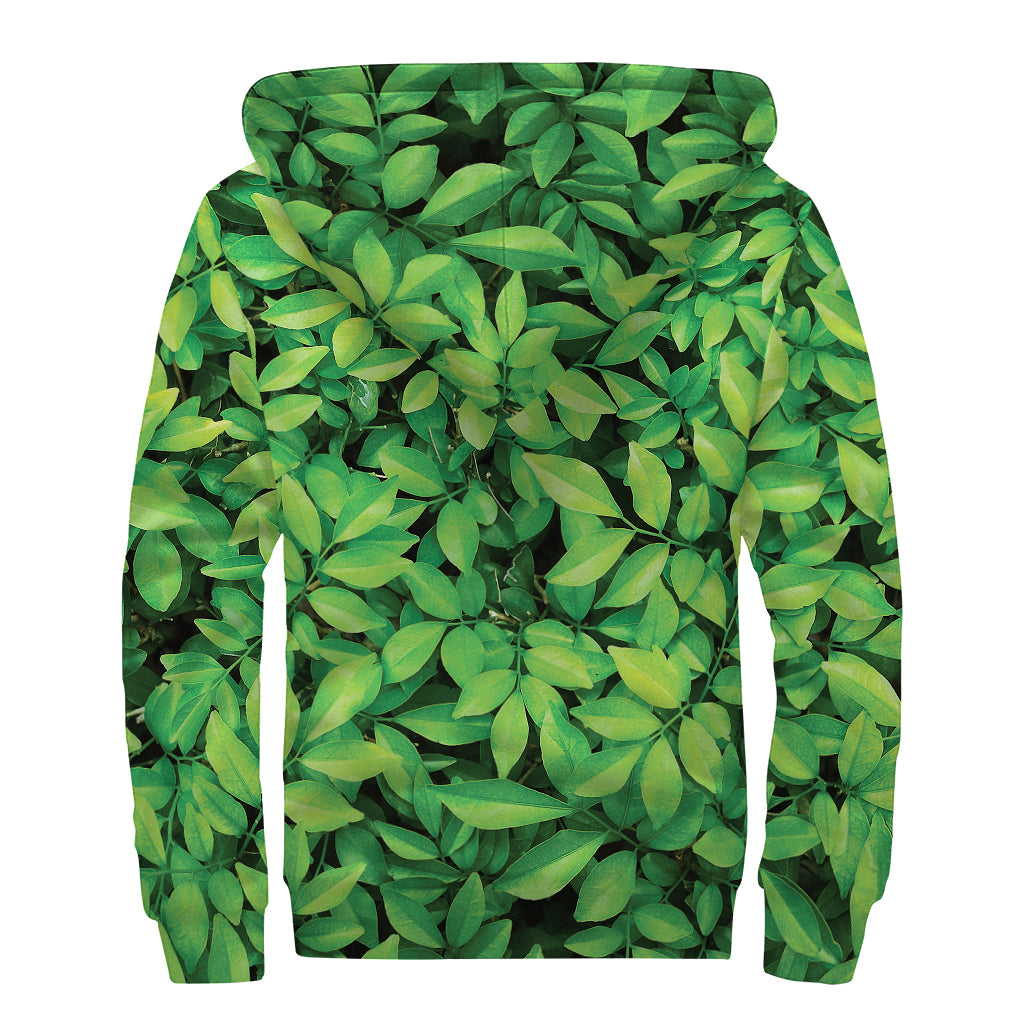 Green Leaf Print Sherpa Lined Zip Up Hoodie