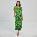 Green Leaf Print Short Sleeve Maxi Dress