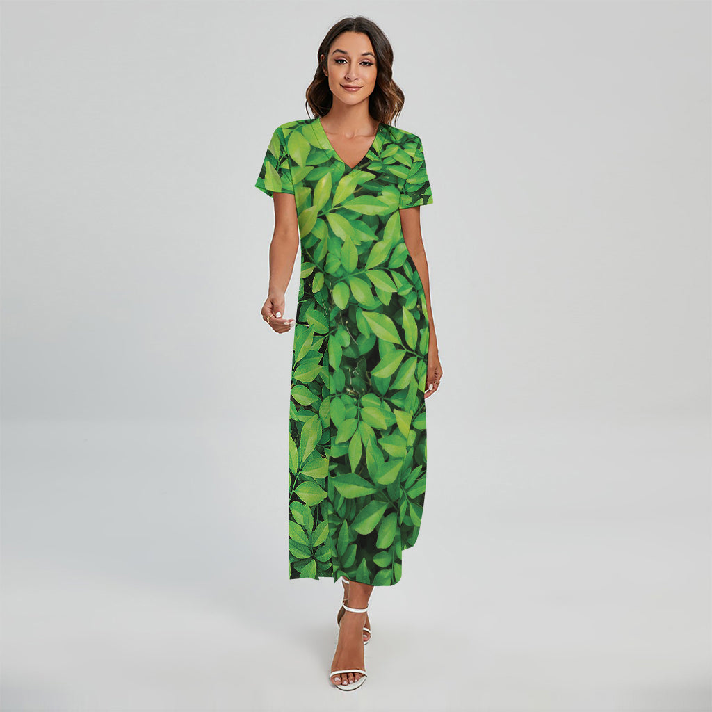 Green Leaf Print Short Sleeve Maxi Dress