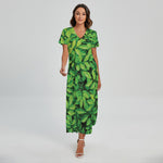Green Leaf Print Short Sleeve Maxi Dress