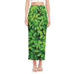 Green Leaf Print Side Slit Maxi Skirt