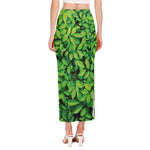 Green Leaf Print Side Slit Maxi Skirt