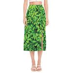Green Leaf Print Side Slit Midi Skirt