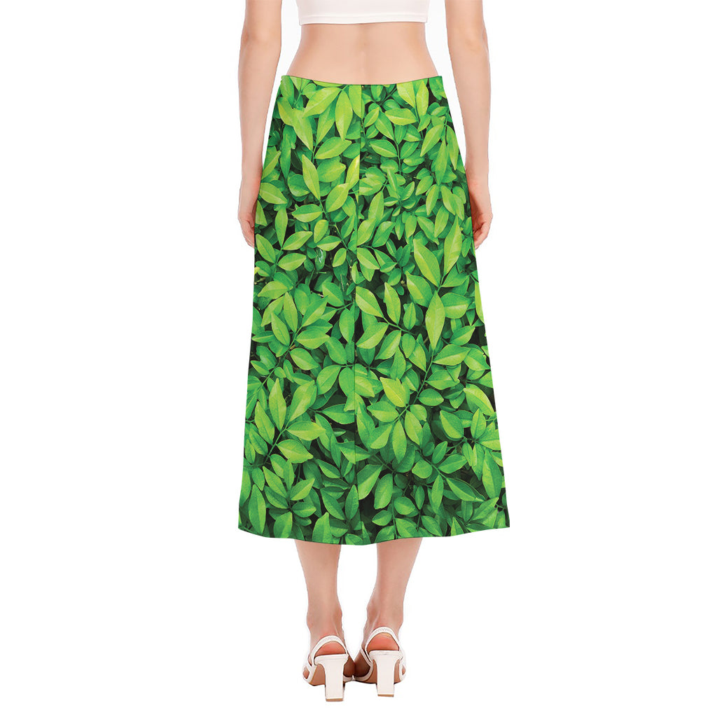 Green Leaf Print Side Slit Midi Skirt