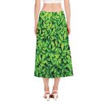 Green Leaf Print Side Slit Midi Skirt