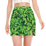 Green Leaf Print Side Slit Mini Skirt