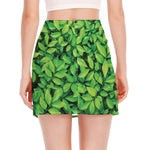 Green Leaf Print Side Slit Mini Skirt