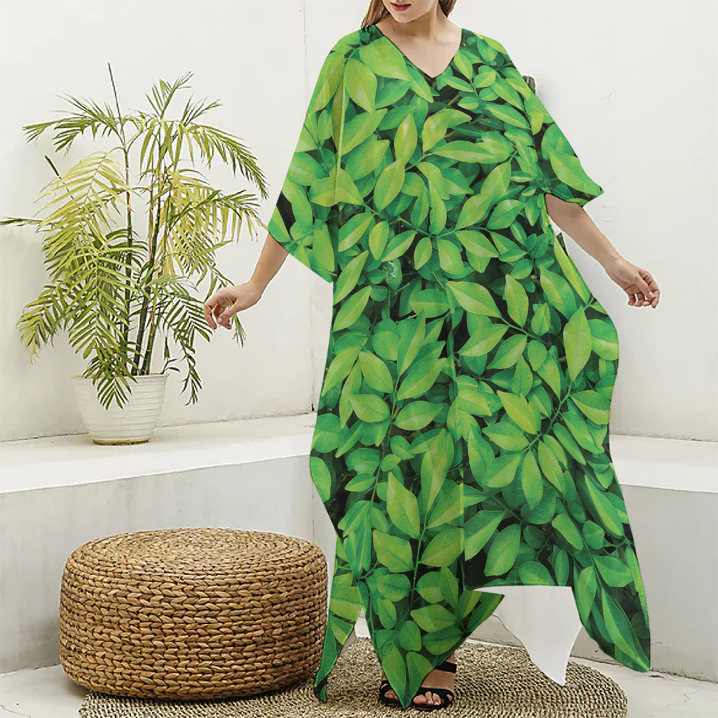 Green Leaf Print Silk V-Neck Kaftan Dress