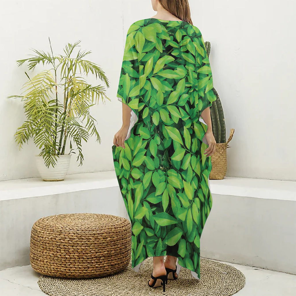 Green Leaf Print Silk V-Neck Kaftan Dress