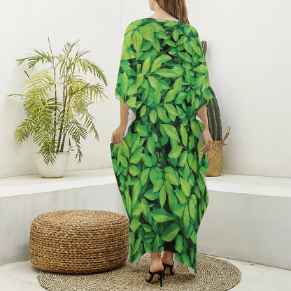 Green Leaf Print Silk V-Neck Kaftan Dress