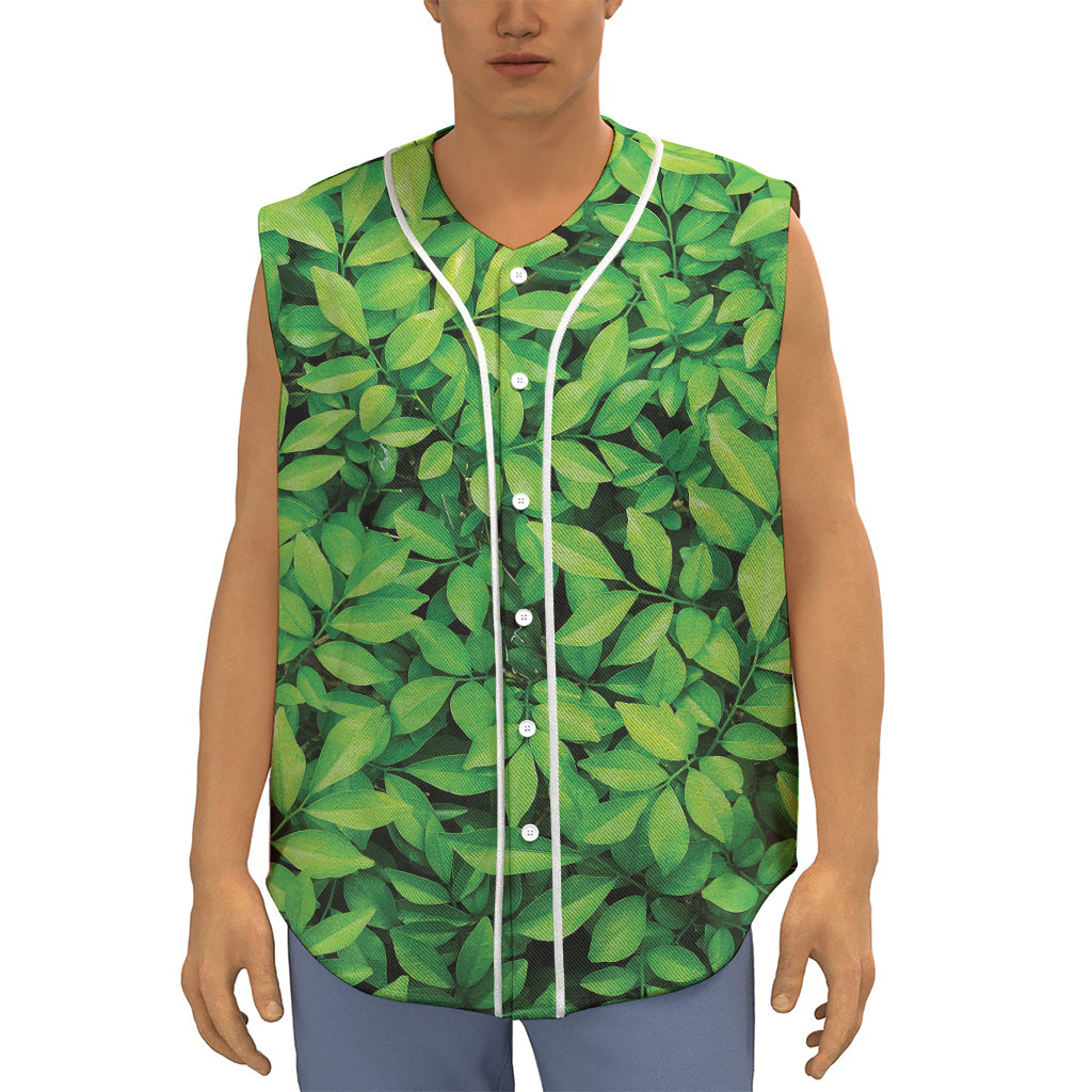 Green Leaf Print Sleeveless Baseball Jersey