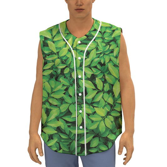 Green Leaf Print Sleeveless Baseball Jersey