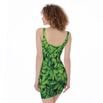 Green Leaf Print Sleeveless Bodycon Dress
