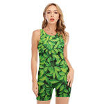 Green Leaf Print Sleeveless One Piece Swimsuit