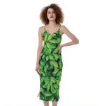 Green Leaf Print Slim Fit Midi Cami Dress