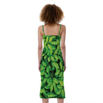 Green Leaf Print Slim Fit Midi Cami Dress