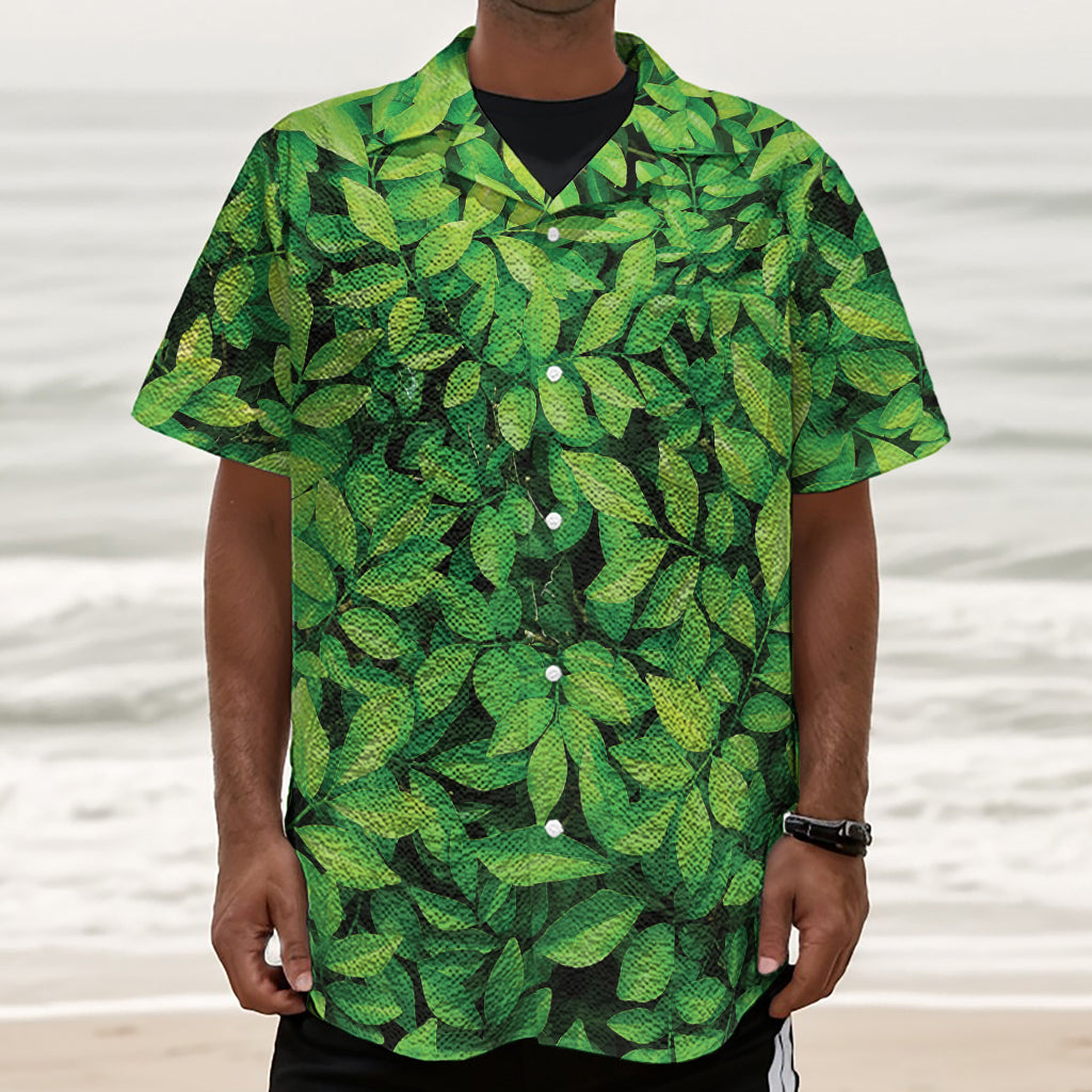 Green Leaf Print Textured Short Sleeve Shirt