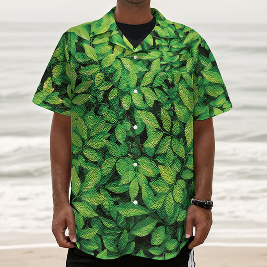 Green Leaf Print Textured Short Sleeve Shirt
