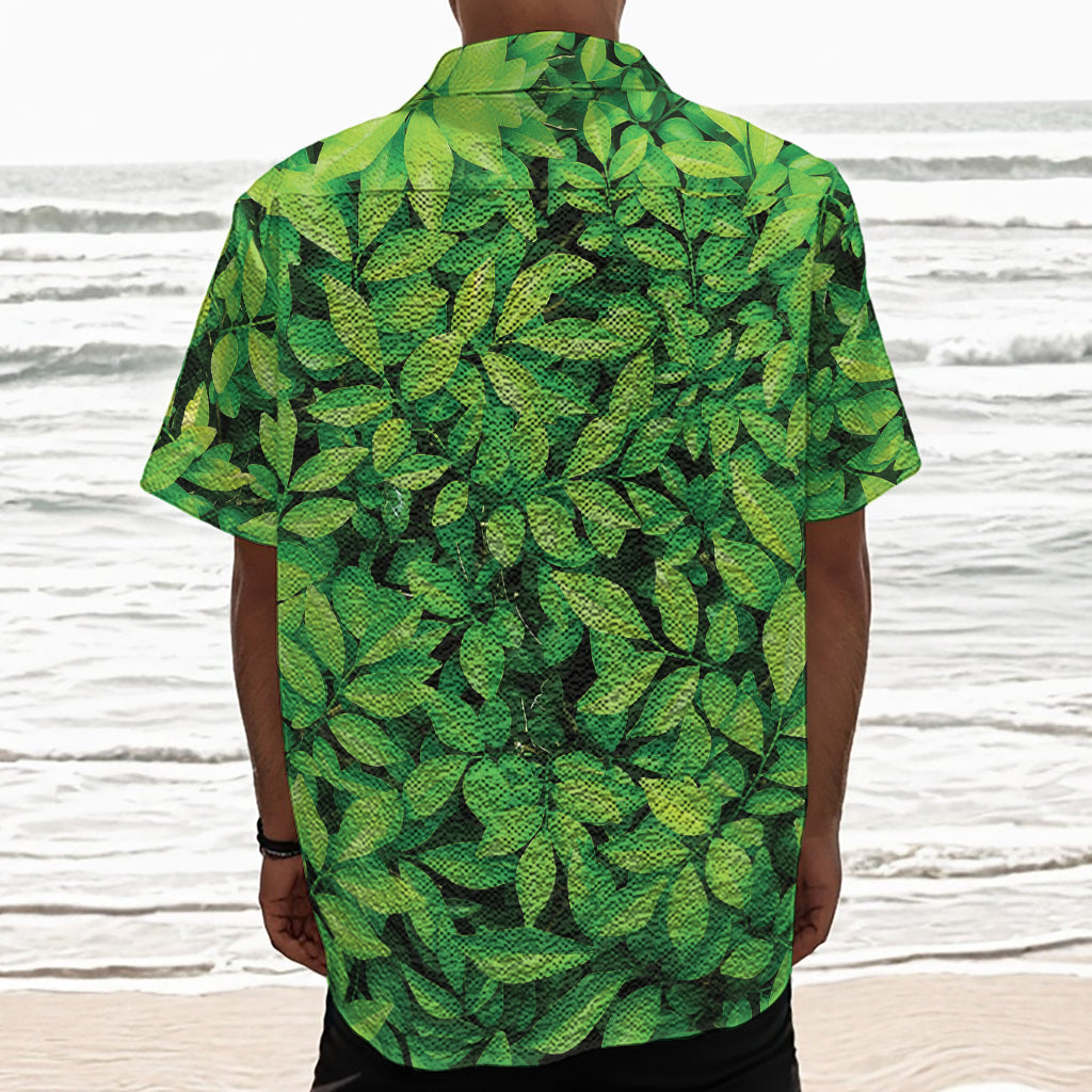 Green Leaf Print Textured Short Sleeve Shirt